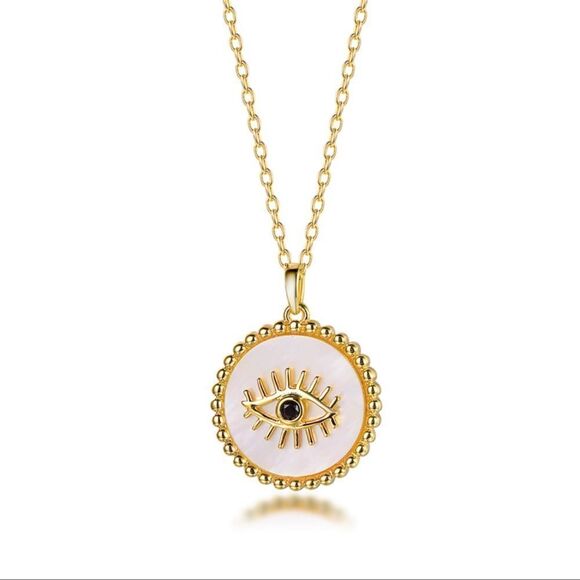 New Sterling silver 14k plated cubic zirconia white enamel evil eye 18”necklace - Picture 1 of 3